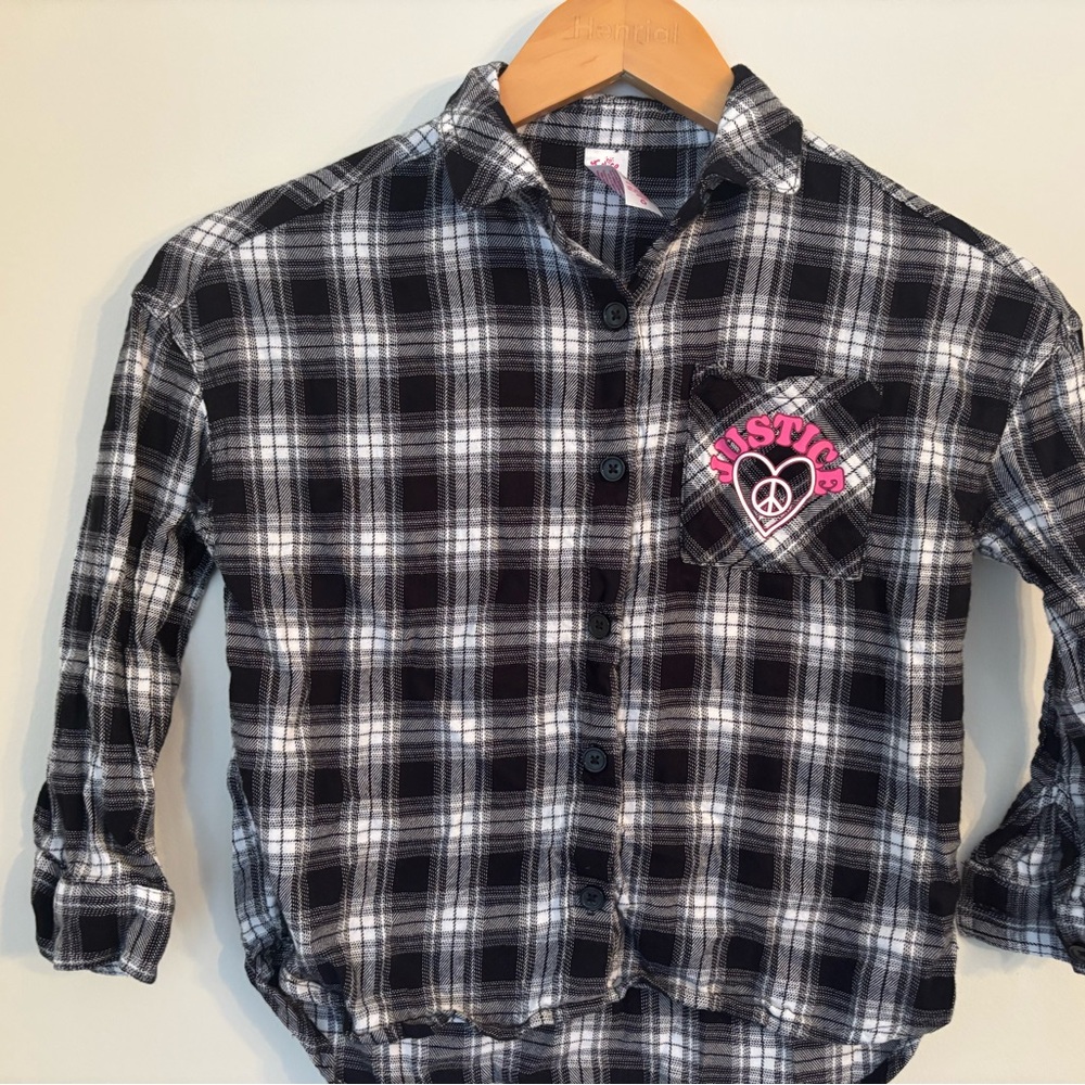 Justice Black and White Checkered Button Down Shirt with Embroidered Patch